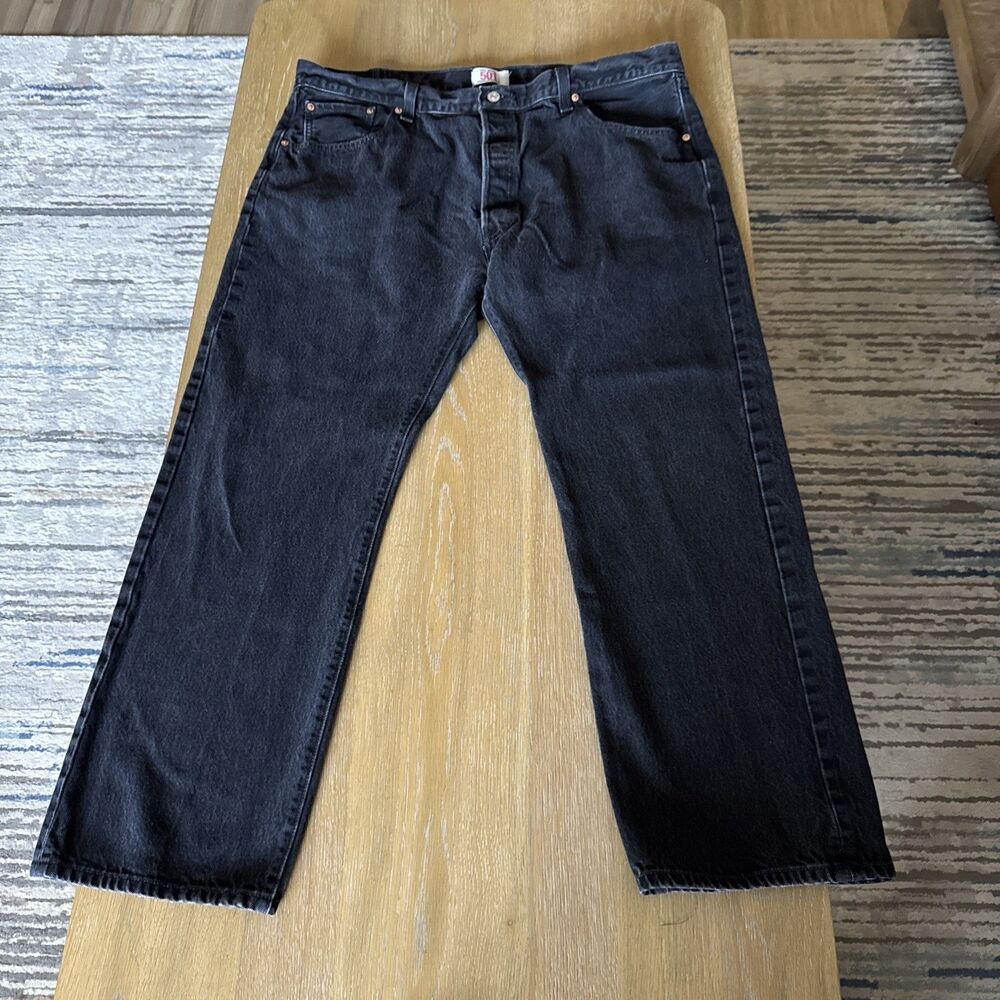 Levi's 501 Black Denim Jeans 42 x 30 Black Straight Leg Button Fly Y2K Classic